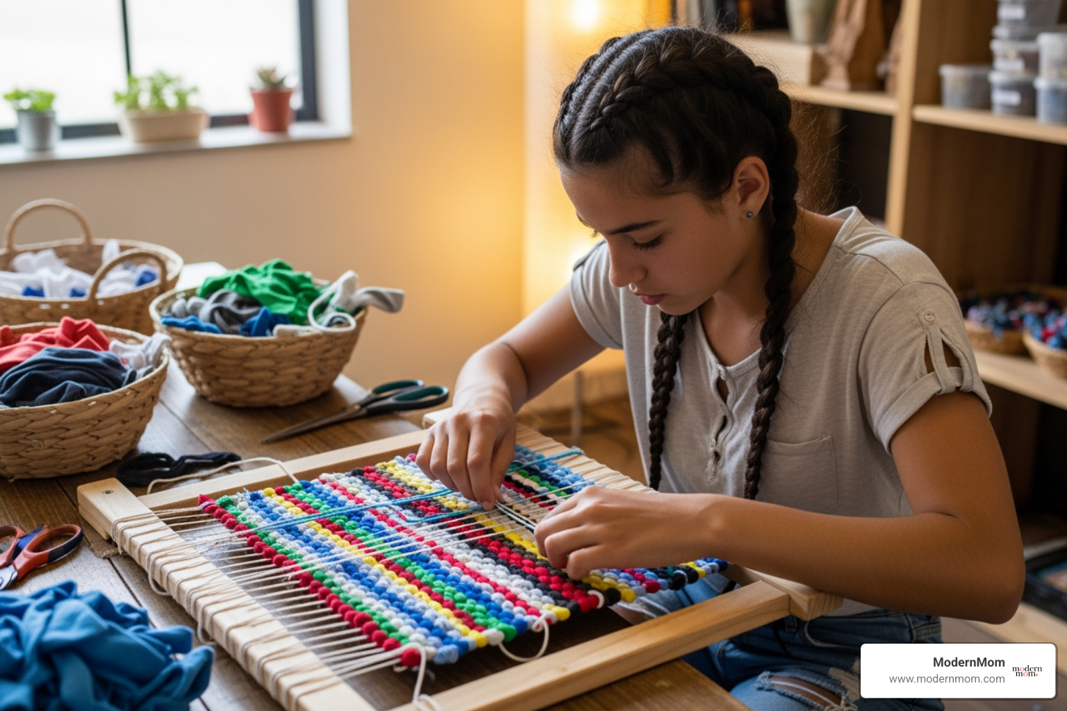 A teen weaving a colorful rug from old t-shirts, demonstrating upcycling and crafting skills. - craft projects for teens