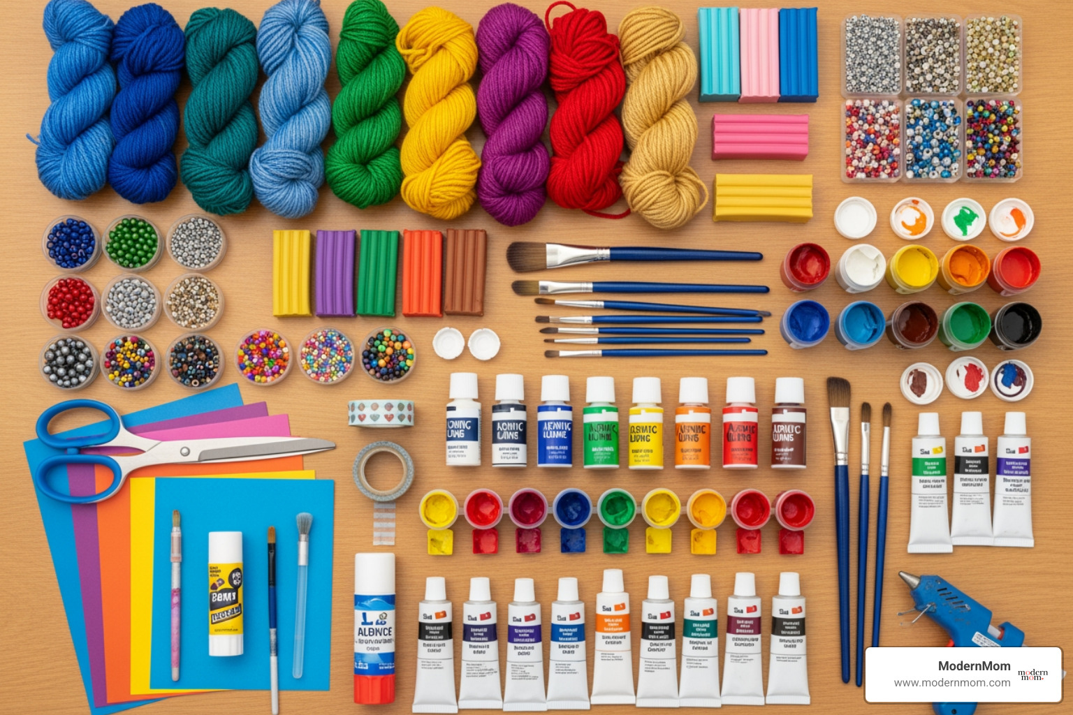 A flat-lay with colorful craft supplies like yarn, clay, beads, and paint, ready for creative projects. - craft projects for teens