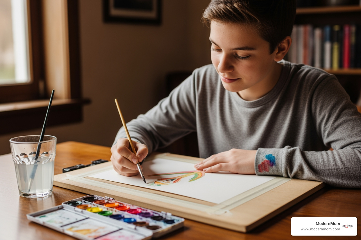 A teen looking relaxed and focused while painting watercolors, demonstrating the calming effect of crafting. - craft projects for teens