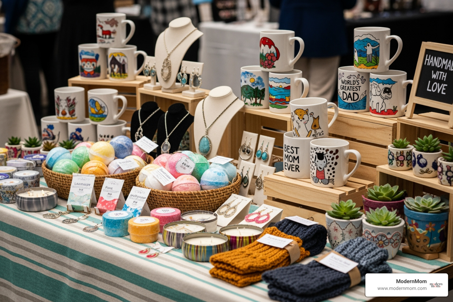 A display of colorful, gift-ready crafts, including bath bombs, jewelry, and personalized mugs, appealing to potential buyers. - craft projects for teens