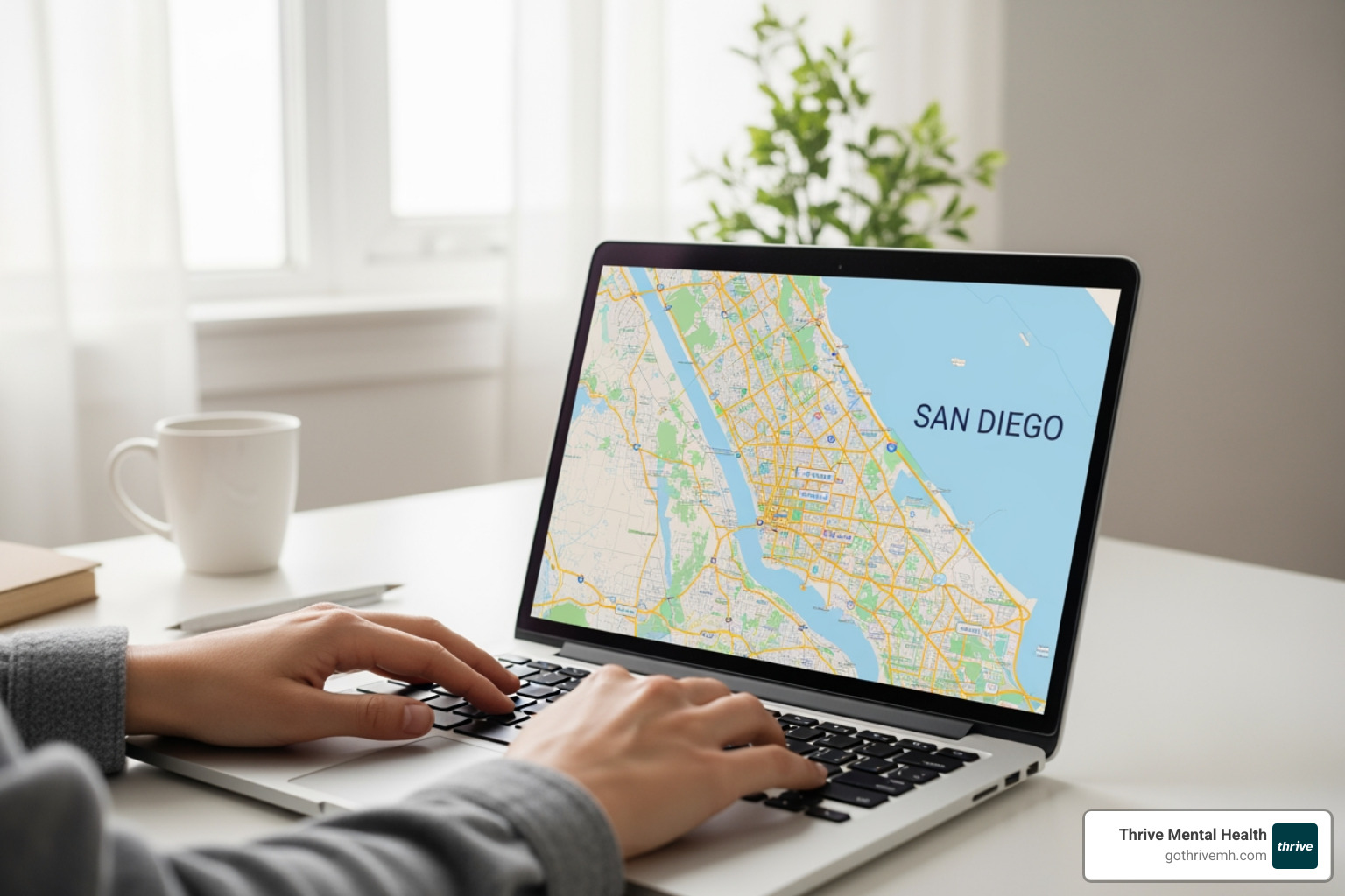Person searching on laptop with San Diego map. Alt: “Searching for CBT and EMDR therapist in San Diego.” - Where can I find a therapist in San Diego who uses a combination of cbt and emdr for treatment? Person searching on laptop with San Diego map. Alt: “Searching for CBT and EMDR therapist in San Diego.” - Where can I find a therapist in San Diego who uses a combination of cbt and emdr for treatment?