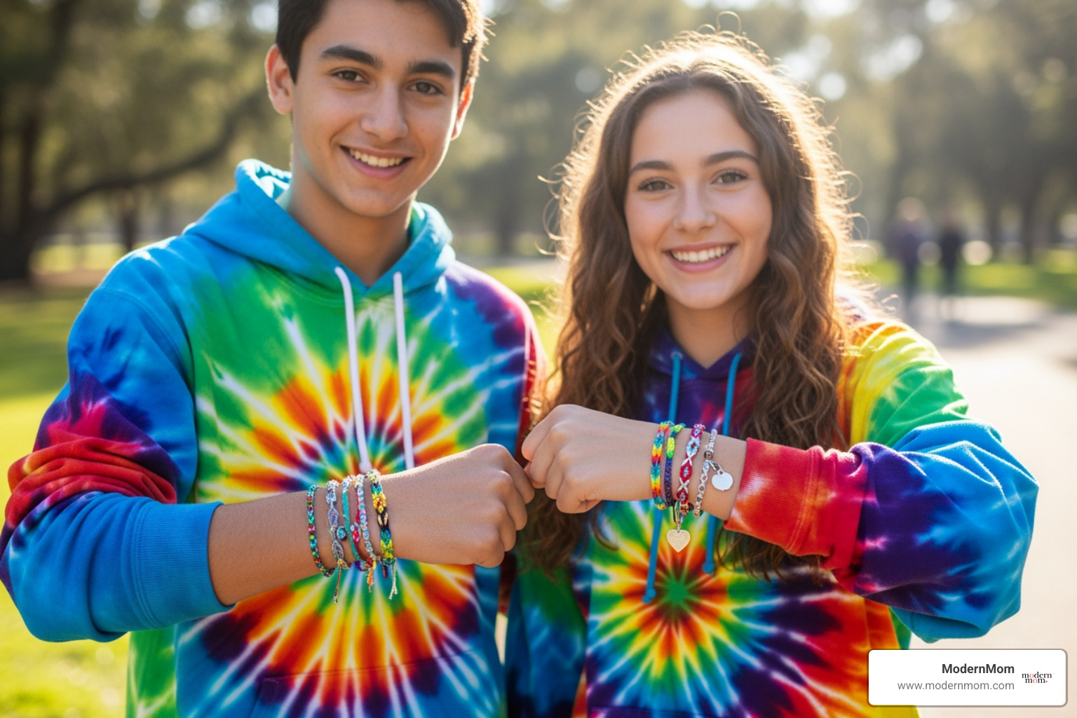 two friends showing off their matching DIY friendship bracelets and tie-dye hoodies - Teen Craft Ideas