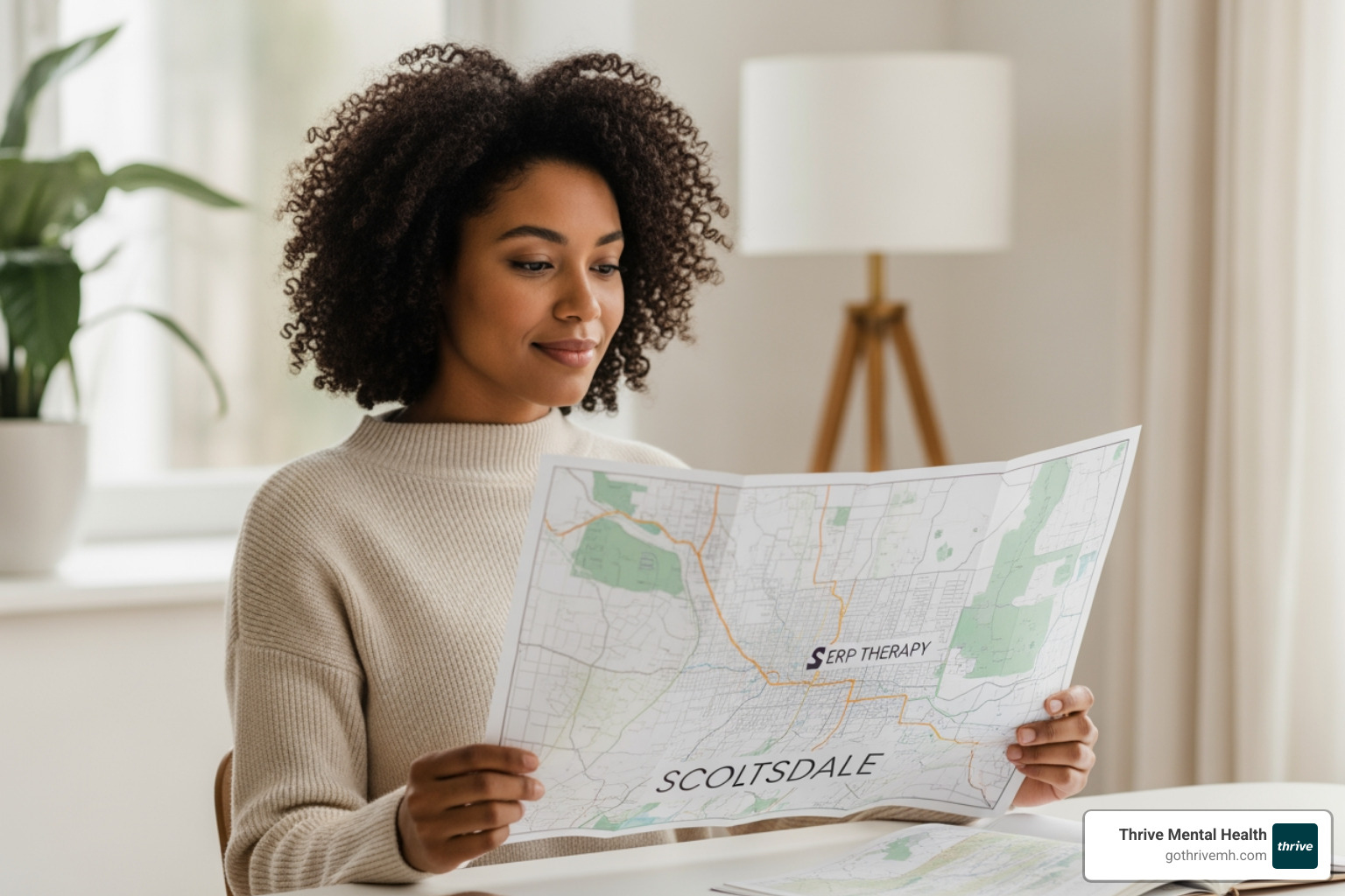 Person confidently reviewing a Scottsdale map with "ERP Therapy" highlighted - Find clinics in Scottsdale that specialize in exposure and response prevention therapy for anxiety. Person confidently reviewing a Scottsdale map with "ERP Therapy" highlighted - Find clinics in Scottsdale that specialize in exposure and response prevention therapy for anxiety.