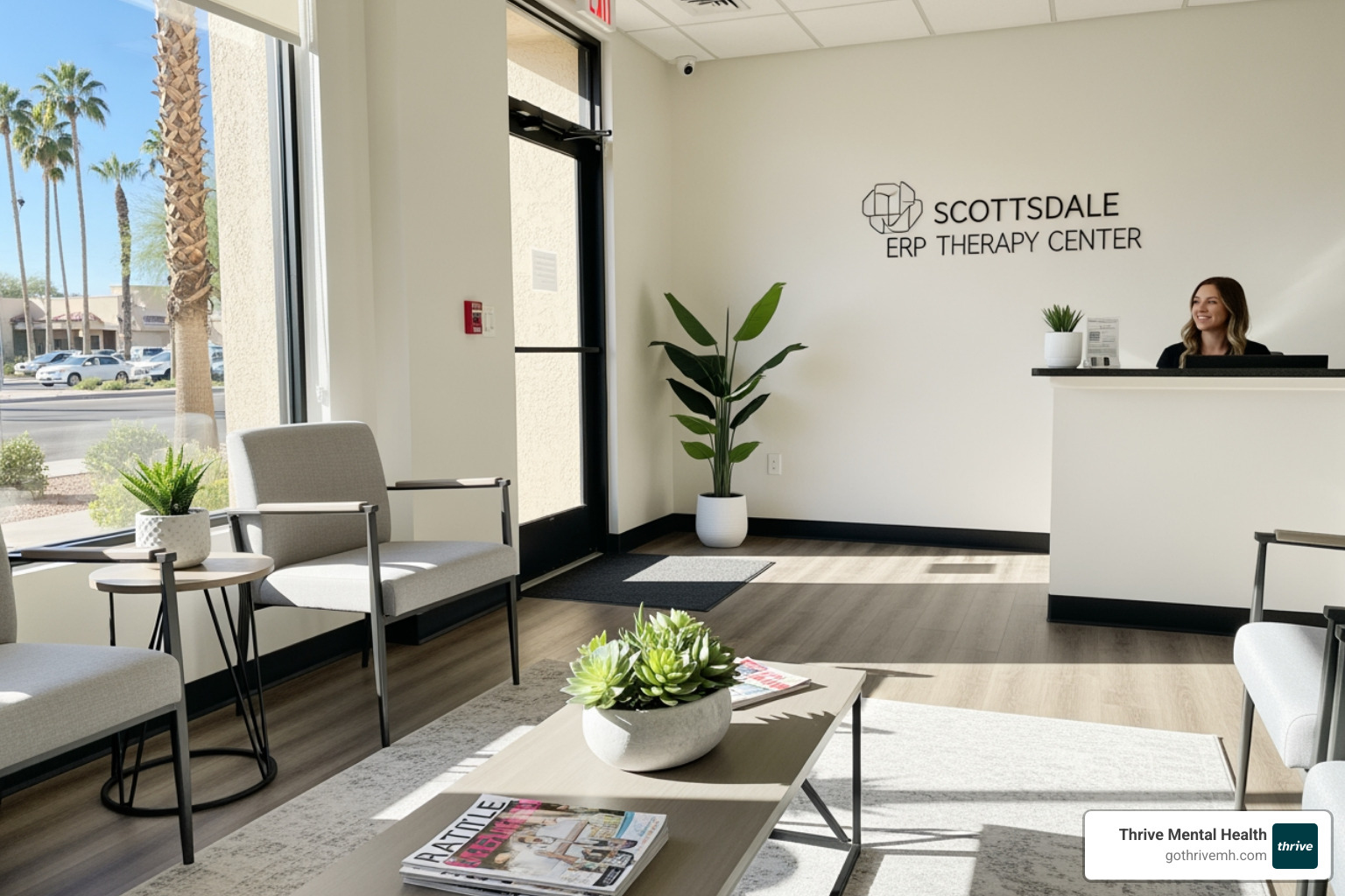 Therapist and client building an exposure hierarchy chart, Scottsdale skyline - Find clinics in Scottsdale that specialize in exposure and response prevention therapy for anxiety. Therapist and client building an exposure hierarchy chart, Scottsdale skyline - Find clinics in Scottsdale that specialize in exposure and response prevention therapy for anxiety.