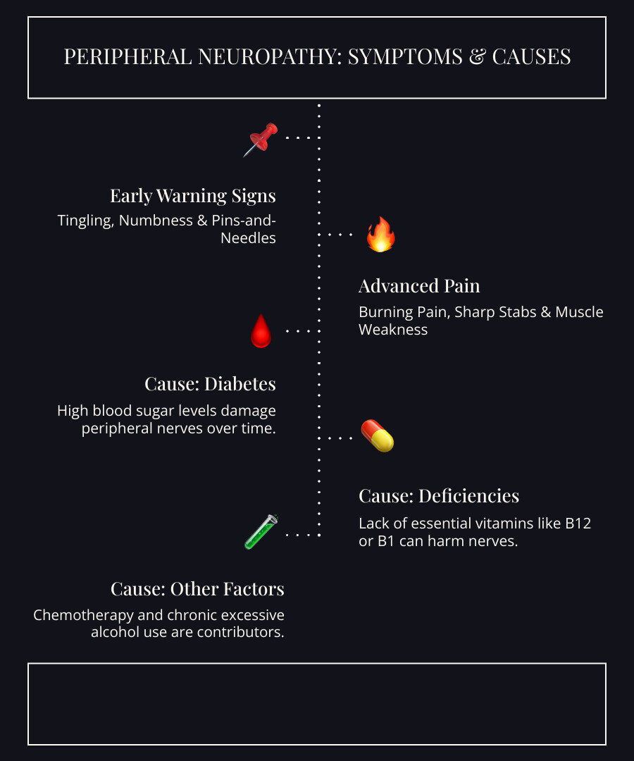 Infographic showing the progression of peripheral neuropathy symptoms from early tingling and numbness to advanced burning pain and muscle weakness, with common causes listed as diabetes, vitamin B12 deficiency, chemotherapy, and alcohol use - neuropathy relief infographic infographic-line-5-steps-dark Infographic showing the progression of peripheral neuropathy symptoms from early tingling and numbness to advanced burning pain and muscle weakness, with common causes listed as diabetes, vitamin B12 deficiency, chemotherapy, and alcohol use - neuropathy relief infographic infographic-line-5-steps-dark