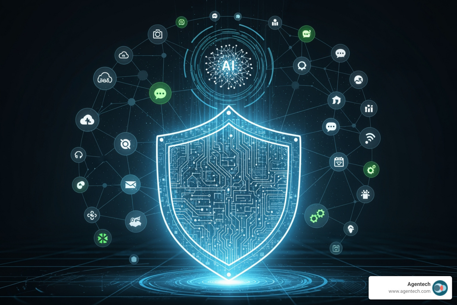 a digital shield protecting interconnected data points flowing between SaaS applications and an AI core - ai adoption and saas consolidation