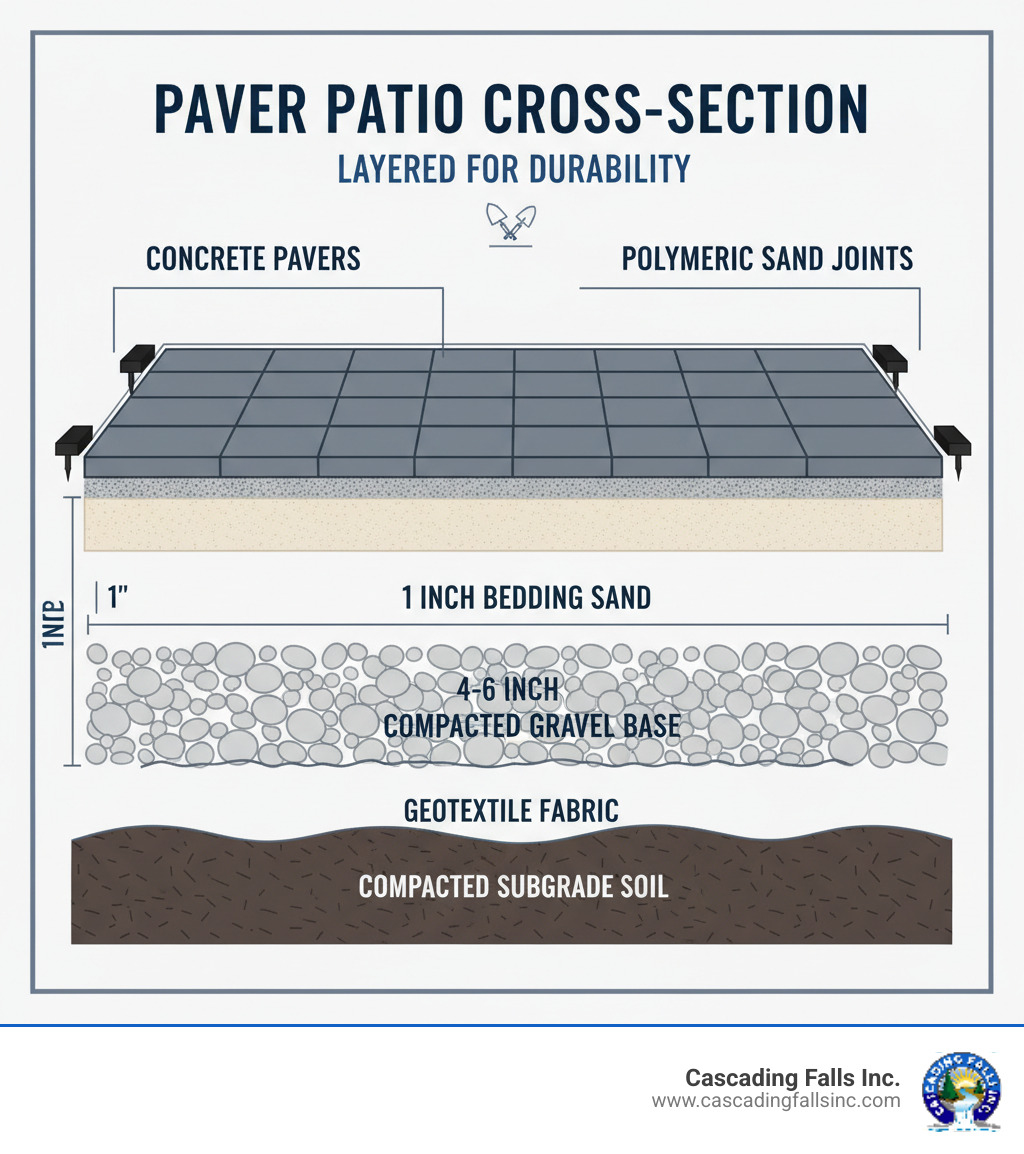 Detailed cross-section diagram showing the layers of a properly installed concrete paver patio from bottom to top: compacted subgrade soil, geotextile fabric layer, 4-6 inch compacted gravel base, 1 inch bedding sand layer, concrete pavers on top, edge restraints on the sides, and polymeric sand filling the joints between pavers - how to install a concrete paver patio infographic 