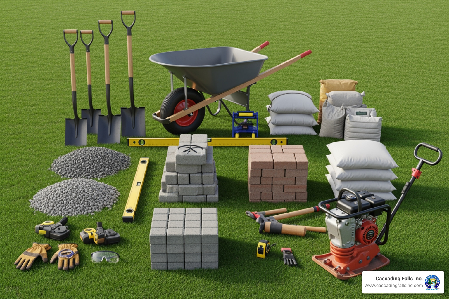 all necessary tools and materials laid out neatly on a lawn - how to install a concrete paver patio