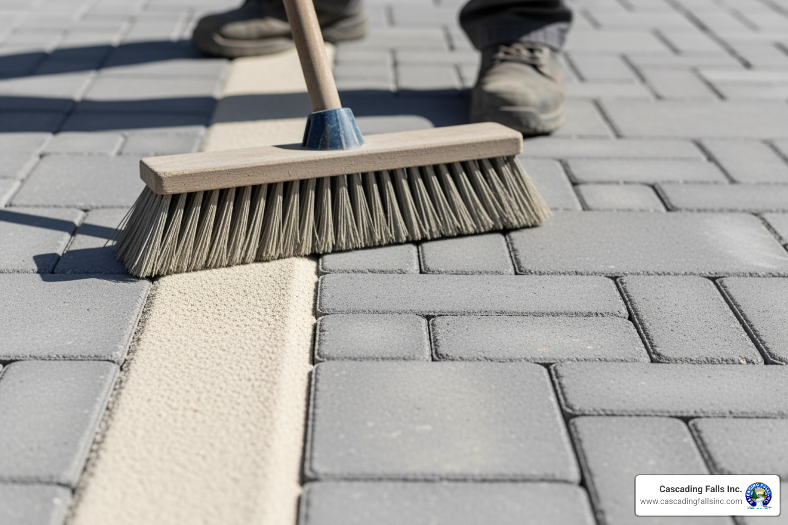 polymeric sand being swept into paver joints - how to install a concrete paver patio