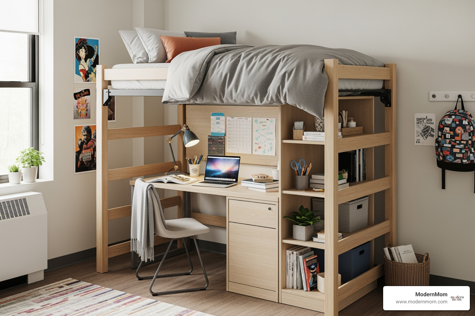 lofted bed with desk and storage - College dorm hacks