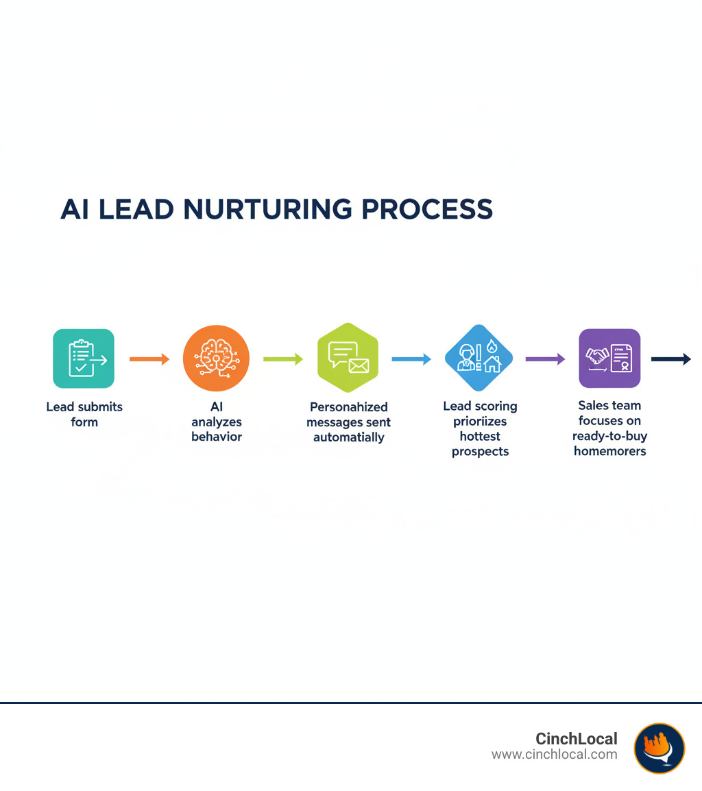 Infographic showing the AI lead nurturing process: Lead submits form → AI analyzes behavior → Personalized messages sent automatically → Lead scoring prioritizes hottest prospects → Sales team focuses on ready-to-buy homeowners → More signed contracts - AI-enhanced lead nurturing infographic Infographic showing the AI lead nurturing process: Lead submits form → AI analyzes behavior → Personalized messages sent automatically → Lead scoring prioritizes hottest prospects → Sales team focuses on ready-to-buy homeowners → More signed contracts - AI-enhanced lead nurturing infographic