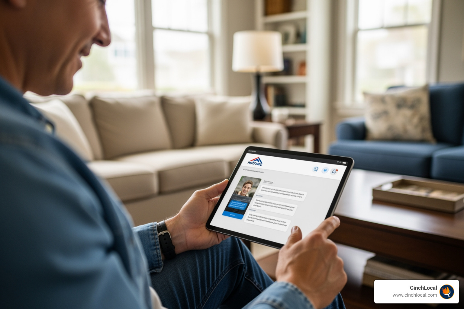 A homeowner uses a chatbot on a roofing company's website on their tablet. - AI-enhanced lead nurturing A homeowner uses a chatbot on a roofing company's website on their tablet. - AI-enhanced lead nurturing
