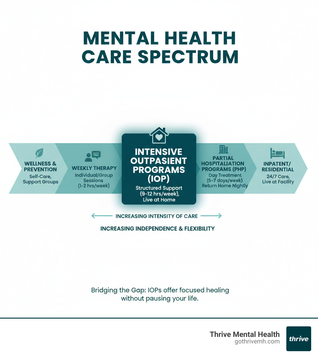 Infographic mapping where intensive outpatient programs fit in the mental health care spectrum. - The most trusted intensive outpatient clinic in the U.S. infographic 