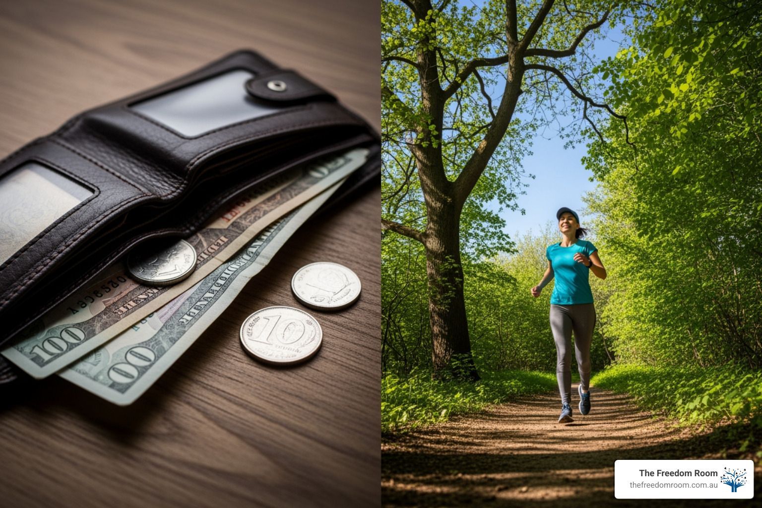 Split image: a wallet with cash versus a woman running happily in a forest, contrasting the different costs of rehab paths that one can take.