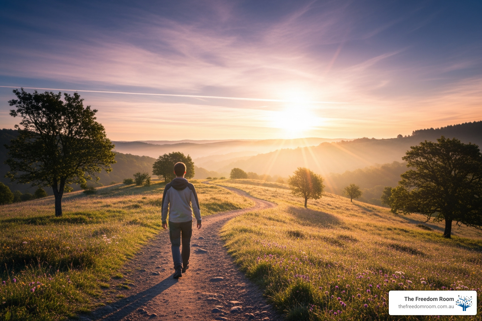 Man walking toward a bright sun on a winding path, symbolising the journey and lasting positive value of the cost of rehab.