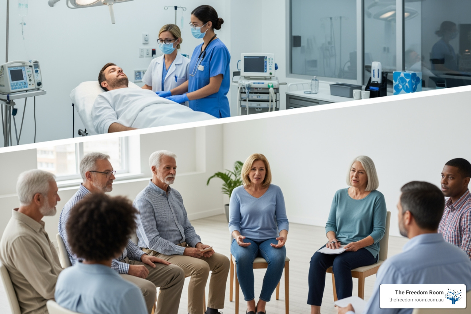 Demonstrating the quality of care; two nurses with a patient and a diverse support group below. This shows the different costs of different types of rehab.