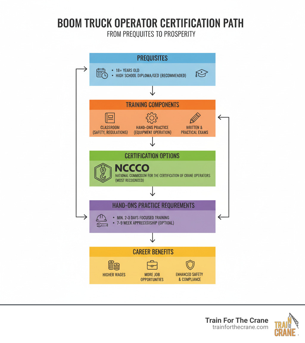 infographic showing the certification path for boom truck operators including prerequisites, training components, certification options, hands-on practice requirements, and career benefits - Boom truck operator training infographic 