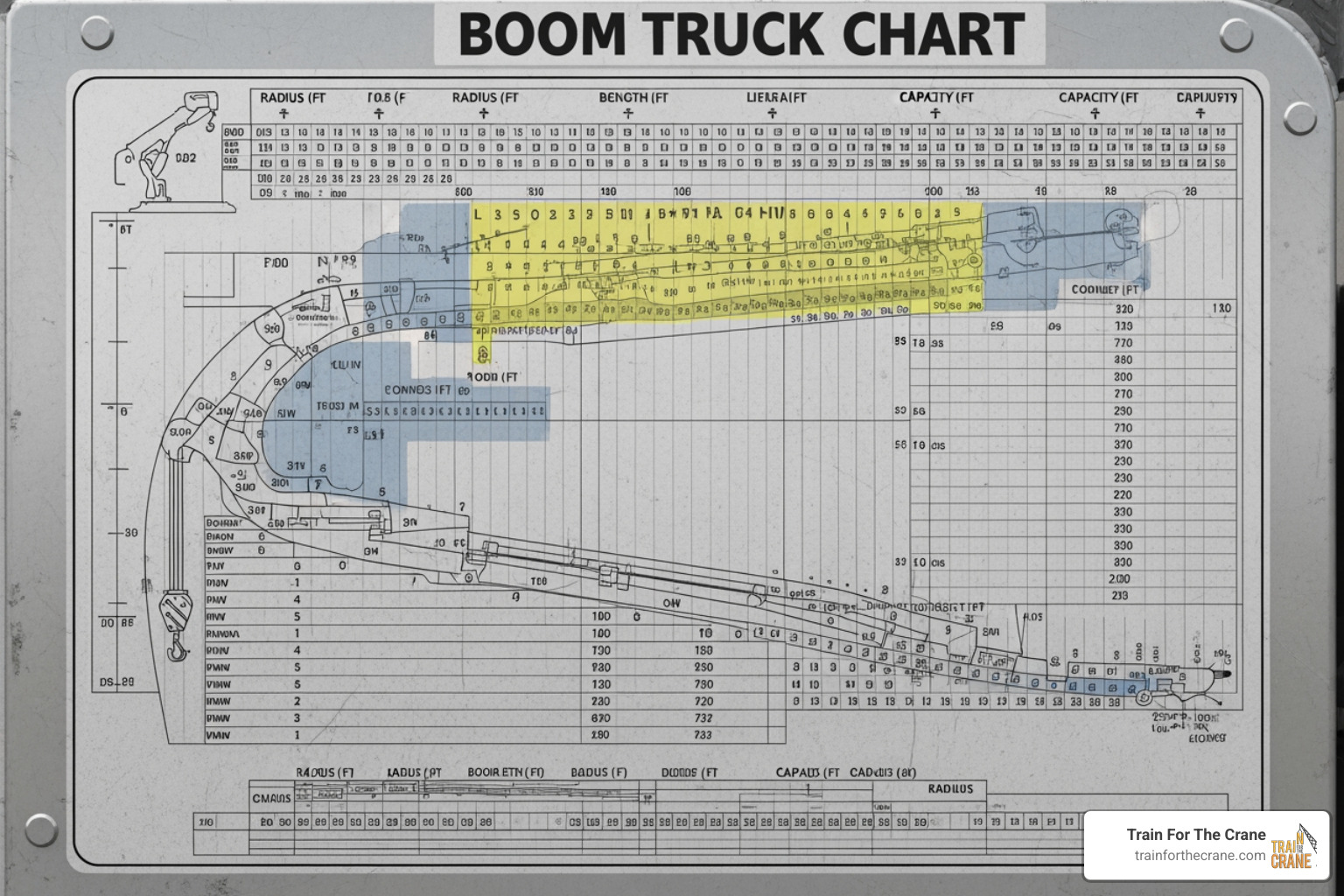 image of a sample boom truck load chart with highlighted sections - Boom truck operator training