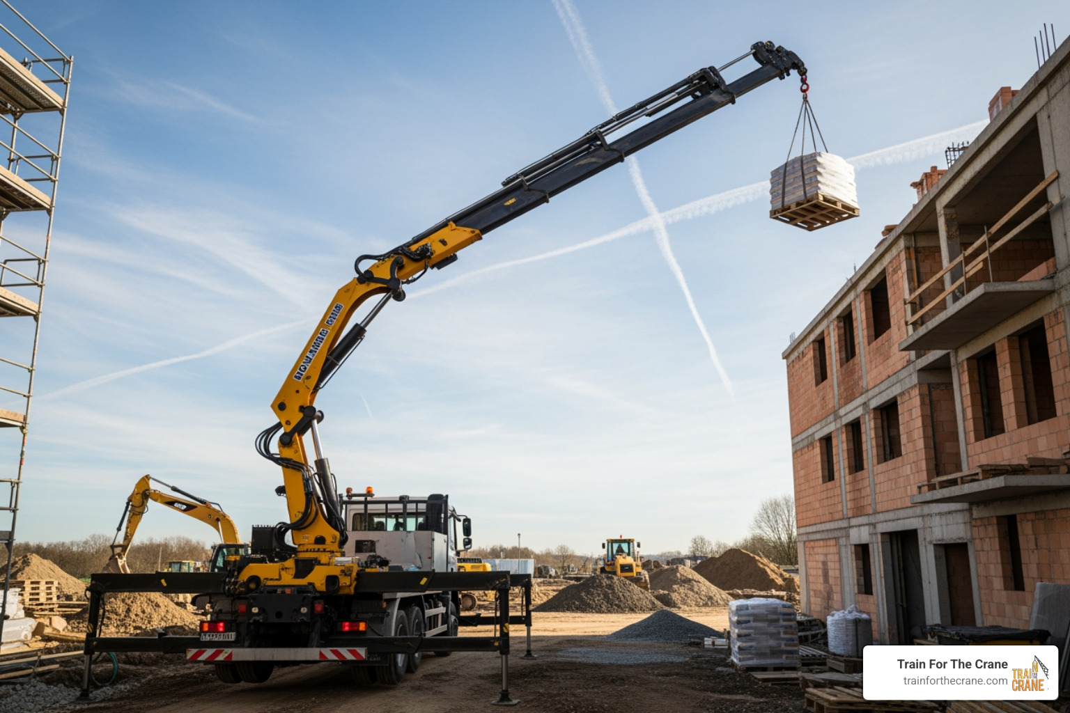 image of an articulating boom truck delivering materials to a rooftop - Boom truck operator training