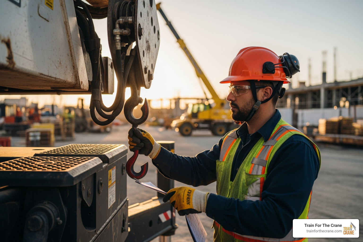 image of a boom truck operator performing a pre-lift inspection of their equipment - Boom truck operator training