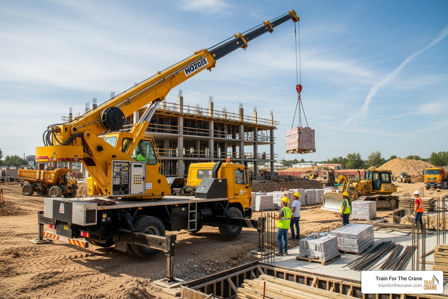 image of a telescopic boom truck operating on a construction site - Boom truck operator training
