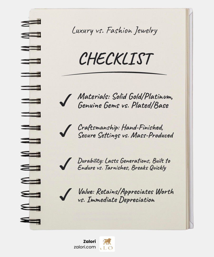 Infographic comparing fashion jewelry versus fine luxury jewelry across materials (gold-plated or base metals vs solid gold and platinum), gemstones (synthetic or glass vs natural or certified lab-grown diamonds and genuine stones), craftsmanship (machine-made mass production vs hand-finished by skilled artisans), durability (tarnishes and breaks within months vs lasts generations with proper care), value retention (depreciates immediately vs retains or appreciates in value), and typical price points (under $100 vs several hundred to tens of thousands of dollars) - women's luxury earrings infographic checklist-notebook