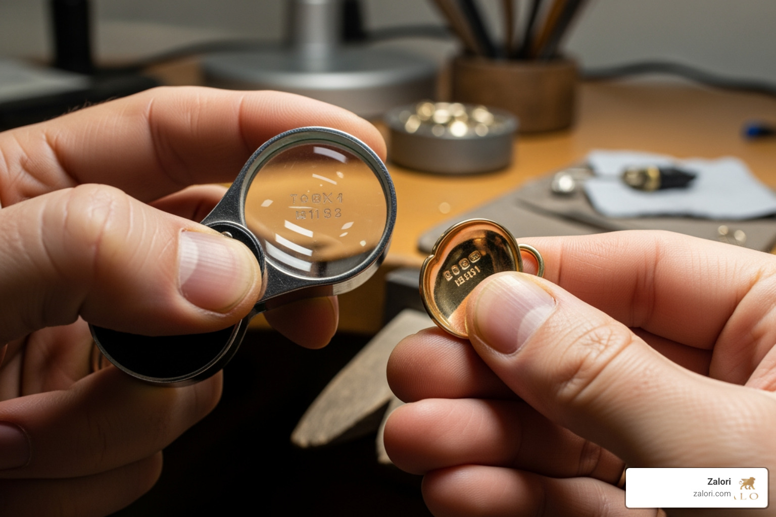 jeweler's loupe examining a hallmark - women's luxury earrings