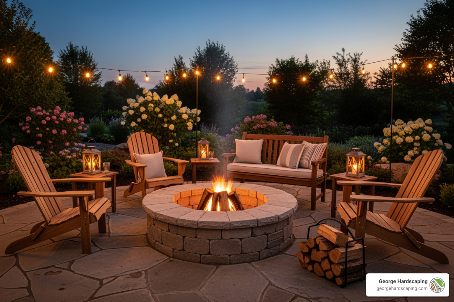 Completed circular masonry fire pit with capstones, surrounded by comfortable outdoor seating and ambient lighting - masonry fire pit construction