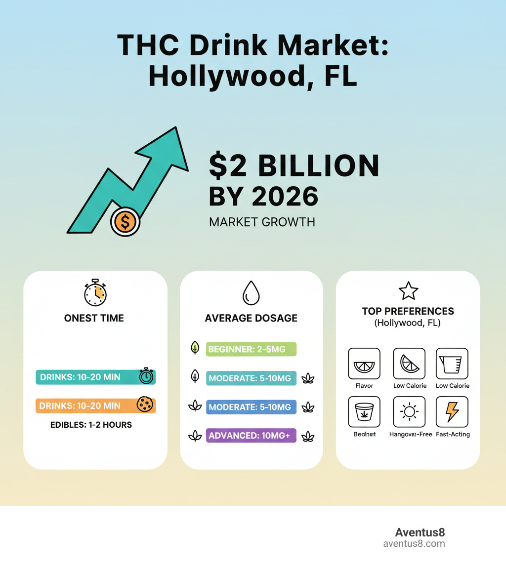 Infographic showing THC drink market growth to $2 billion by 2026, with breakdown of onset times (10-20 min for drinks vs 1-2 hours for edibles), average dosages (2-5mg beginner, 5-10mg moderate, 10mg+ advanced), and top consumer preferences in Hollywood, FL (flavor, calorie count, hangover-free, fast-acting) - THC drink reviews infographic 