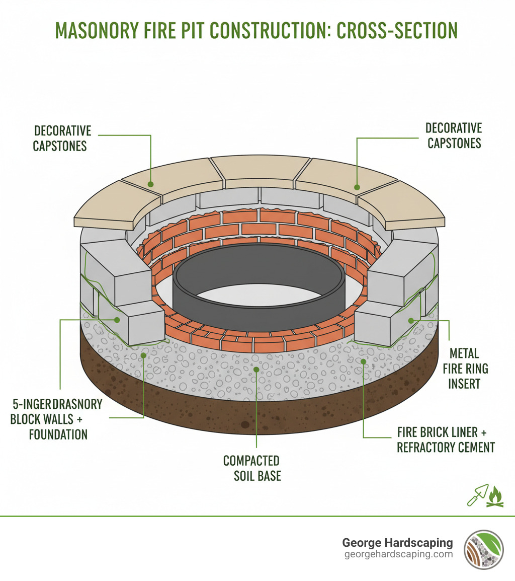 infographic showing cross-section layers of a masonry fire pit construction including compacted soil base, 5-inch crushed gravel foundation, staggered masonry block walls secured with construction adhesive, fire brick liner with refractory cement, metal fire ring insert, and decorative capstones on top - masonry fire pit construction infographic 