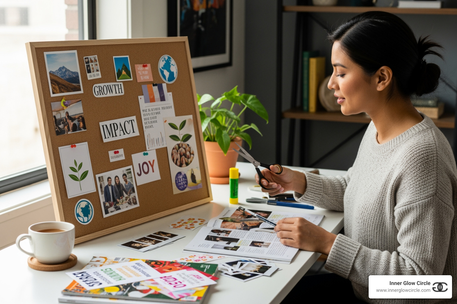 A woman creating a vision board with words like "growth," "impact," and "joy" - 15 questions to discover your life purpose A woman creating a vision board with words like "growth," "impact," and "joy" - 15 questions to discover your life purpose