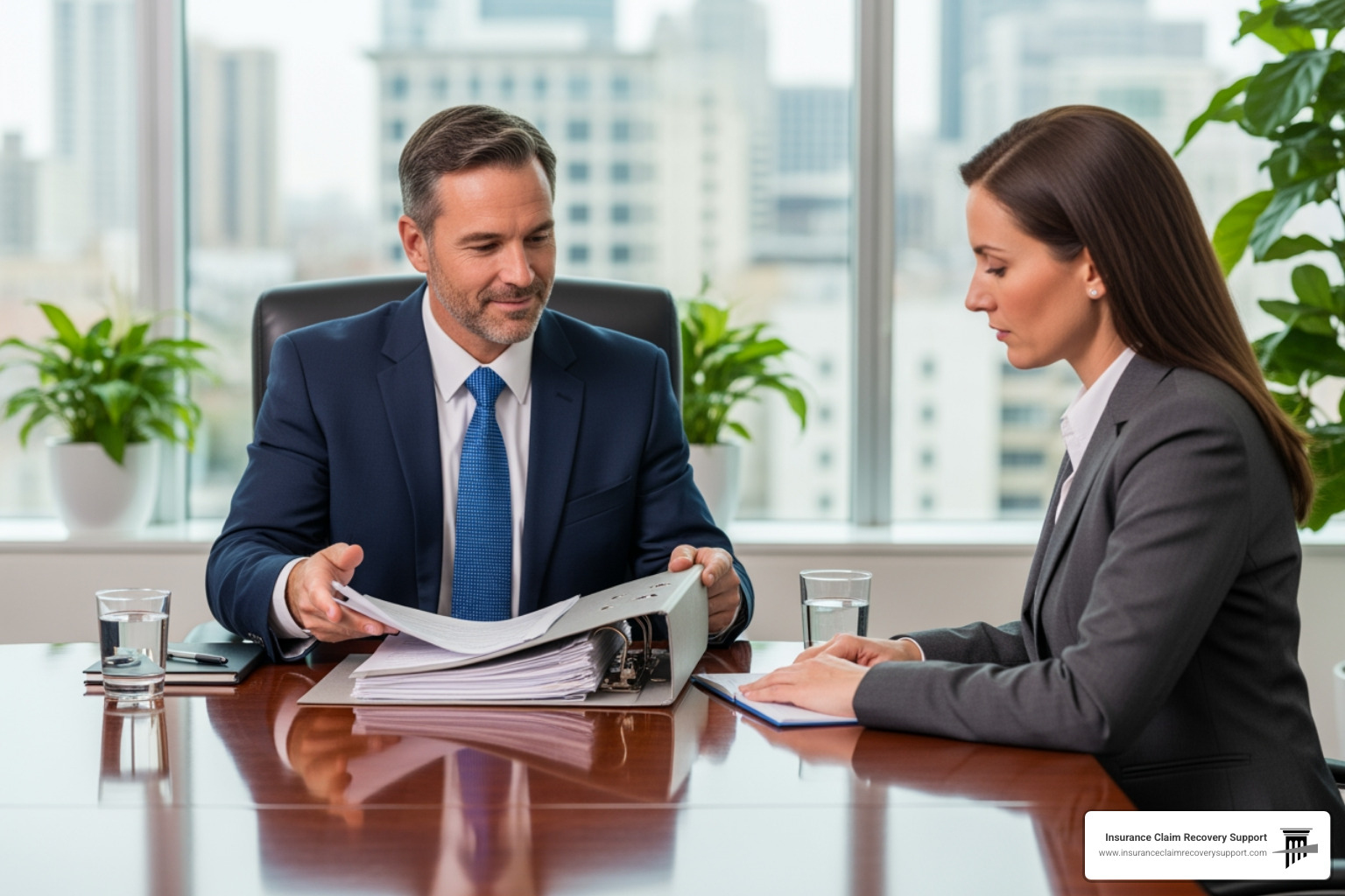 A public adjuster confidently presenting a detailed claim file to an insurance company representative - loss assessor near me