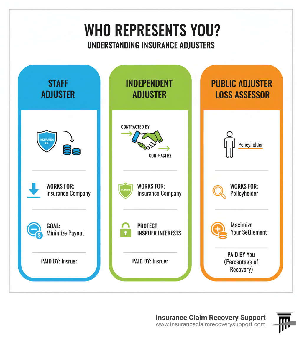 Infographic showing three columns: Staff Adjuster works for insurance company with goal to minimize payout paid by insurer; Independent Adjuster contracted by insurance company with goal to protect insurer interests paid by insurer; Public Adjuster Loss Assessor works for policyholder with goal to maximize your settlement paid by you as percentage of recovery - loss assessor near me infographic 