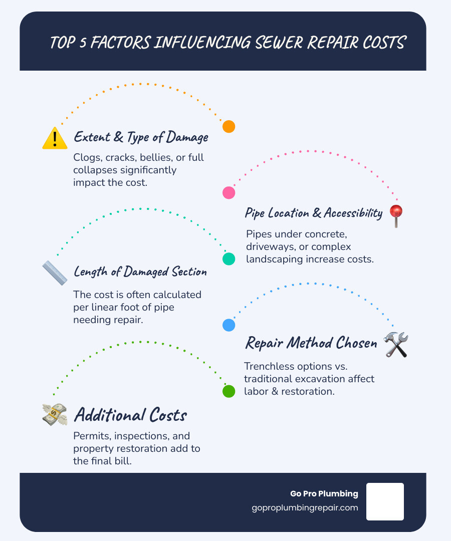 Infographic showing the top 5 factors influencing sewer repair costs: 1. Extent and type of damage (clogs vs. collapses), 2. Pipe location and accessibility (under concrete vs. open yard), 3. Length of damaged section (cost per linear foot), 4. Repair method chosen (traditional excavation vs. trenchless), 5. Additional costs (permits, inspections, restoration) - Sewer pipe repair cost infographic infographic-line-5-steps-blues-accent_colors