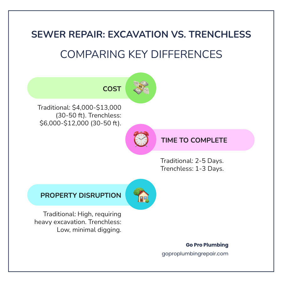 Infographic comparing traditional excavation vs. trenchless repair methods, showing differences in cost, time, and property disruption - Sewer pipe repair cost infographic infographic-line-3-steps-colors