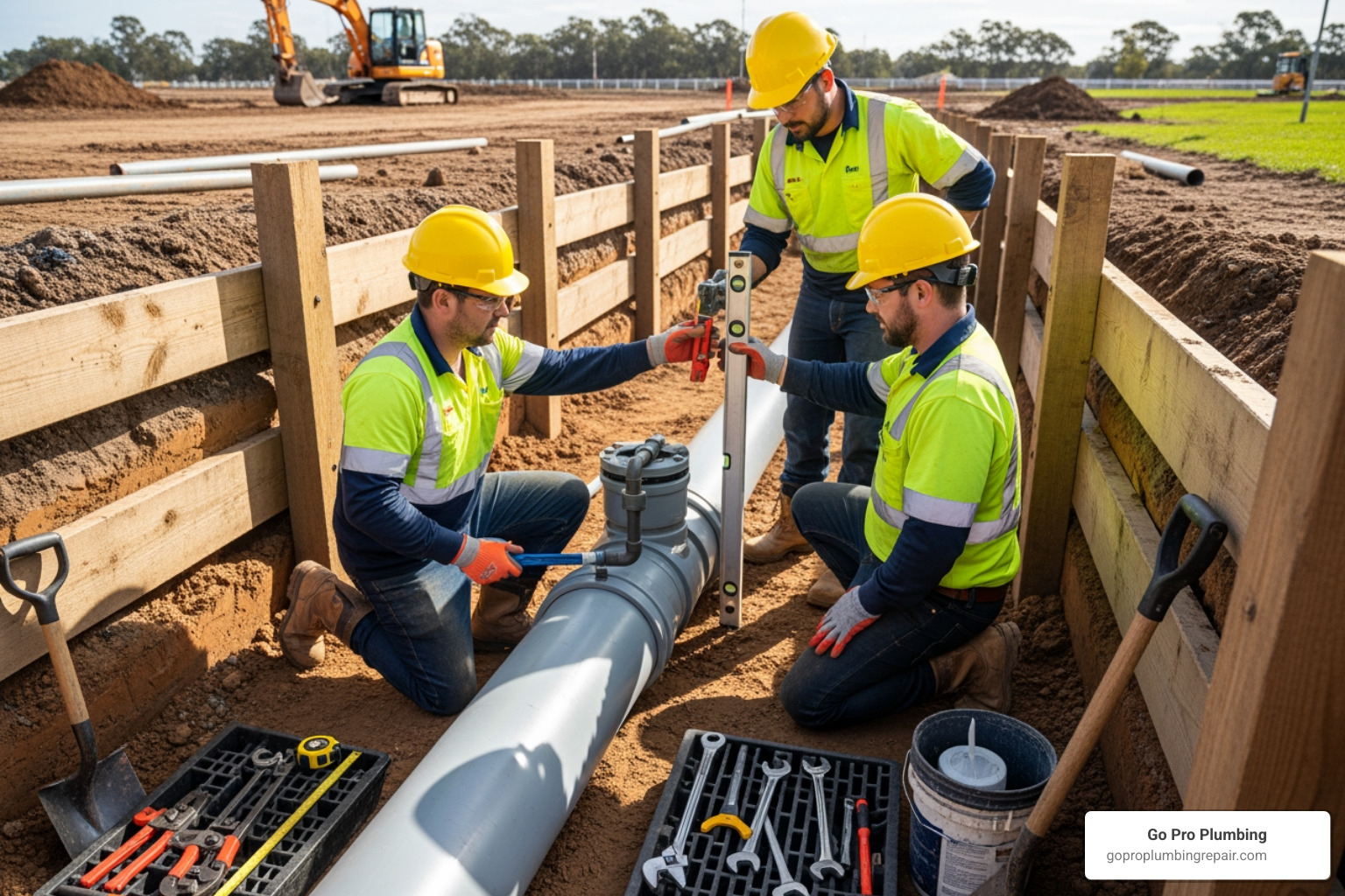 Professional plumbers working in a clean, safe trench - Sewer pipe repair cost