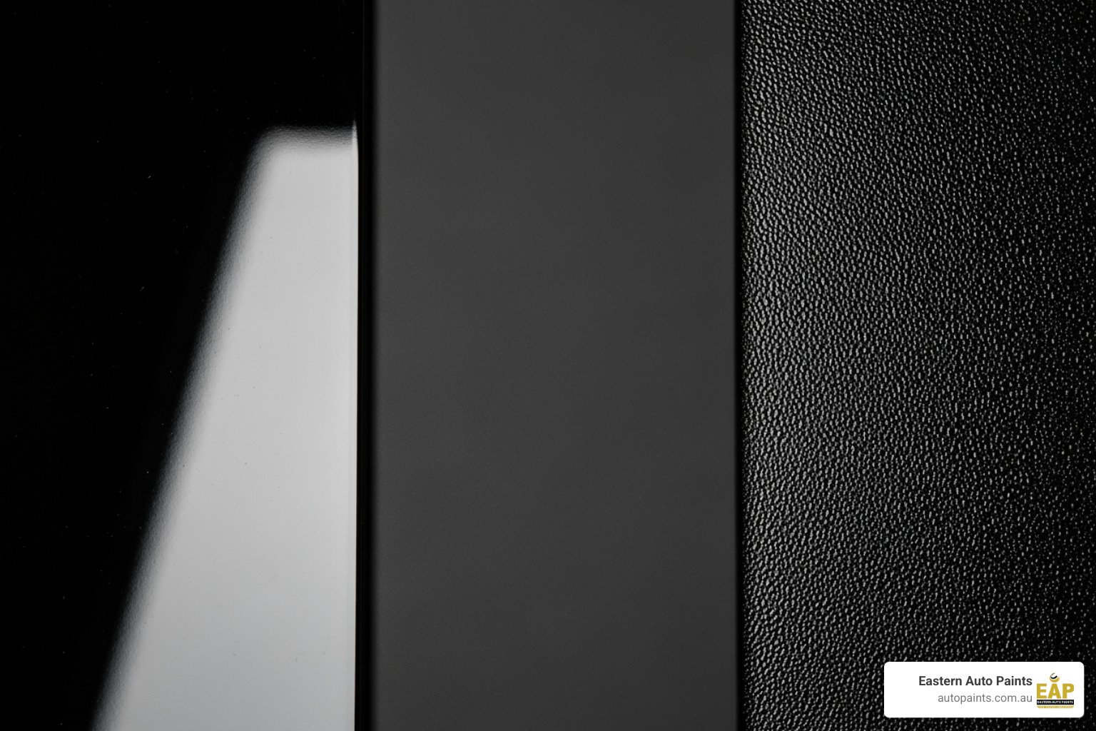 Close-up showing the difference between gloss, matte, and textured finishes for the chosen powdercoat colour.