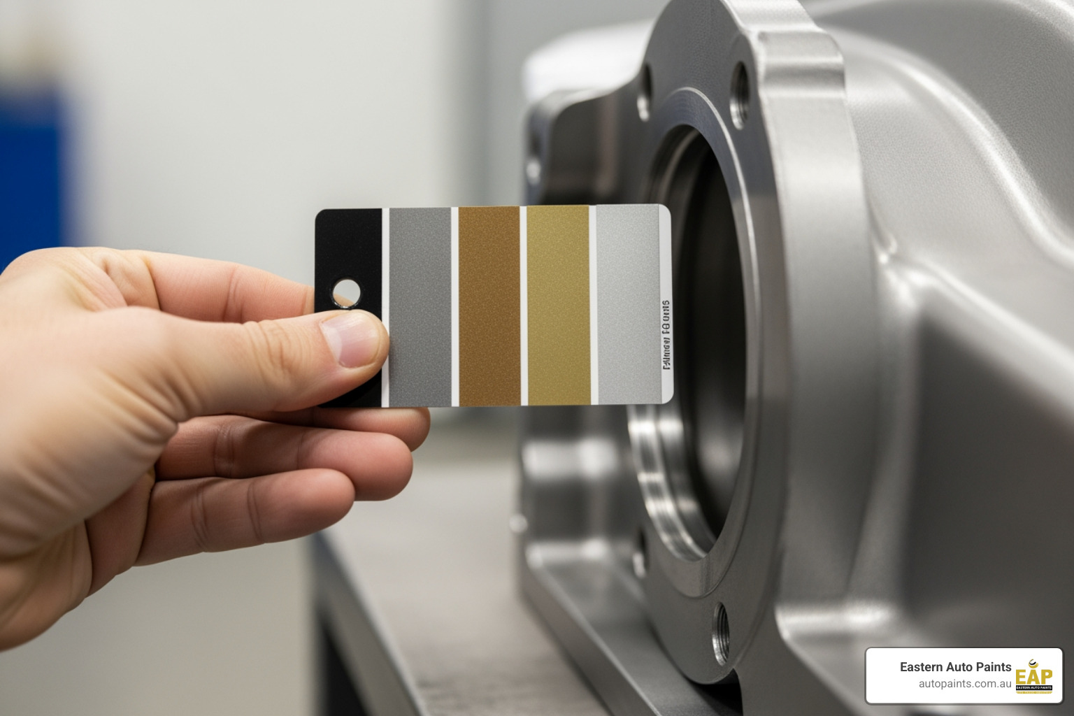 Hand holding a colour swatch next to a metallic component to confirm the correct powdercoat colour match.