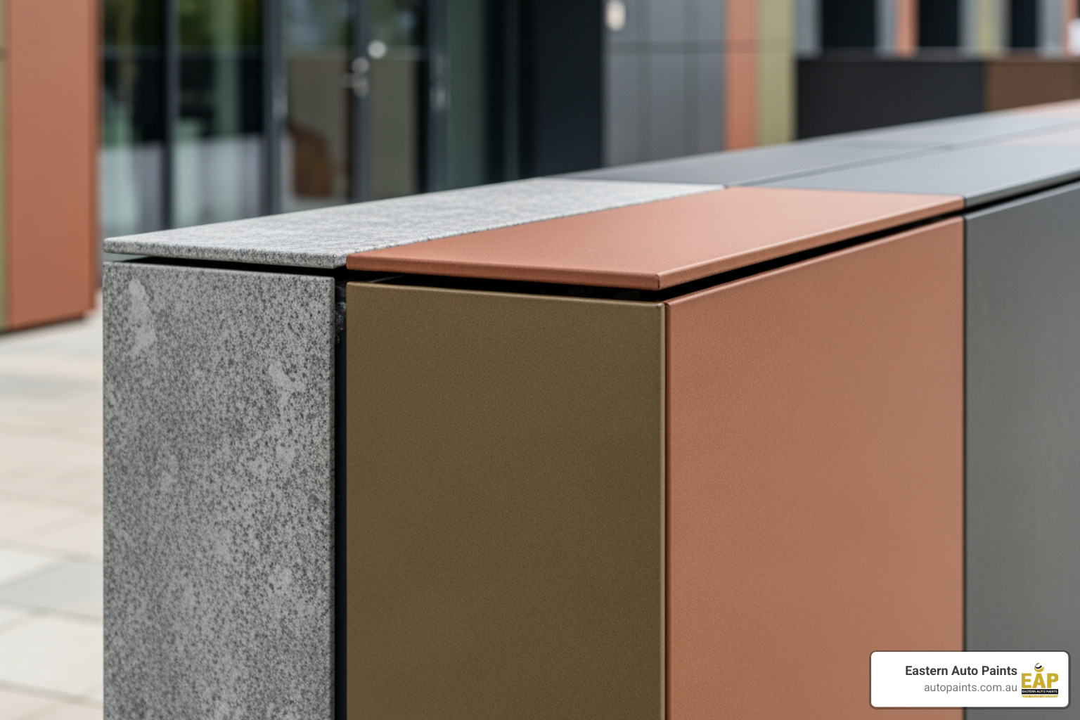Close-up of exterior cladding contrast between a natural stone surface and adjacent matte powdercoat colour panels.