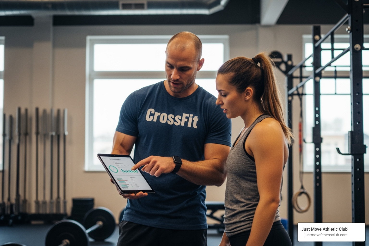 Coach and client reviewing a plan on a tablet - crossfit personal training