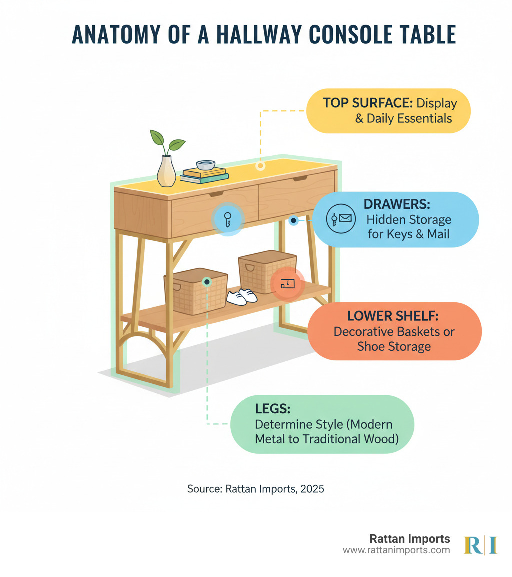 Infographic showing the anatomy of a hallway console table with labeled parts: top surface for display and daily essentials, drawers for hidden storage of keys and mail, lower shelf for decorative baskets or shoe storage, and legs that determine style from modern metal to traditional wood - Hallway console table infographic Infographic showing the anatomy of a hallway console table with labeled parts: top surface for display and daily essentials, drawers for hidden storage of keys and mail, lower shelf for decorative baskets or shoe storage, and legs that determine style from modern metal to traditional wood - Hallway console table infographic