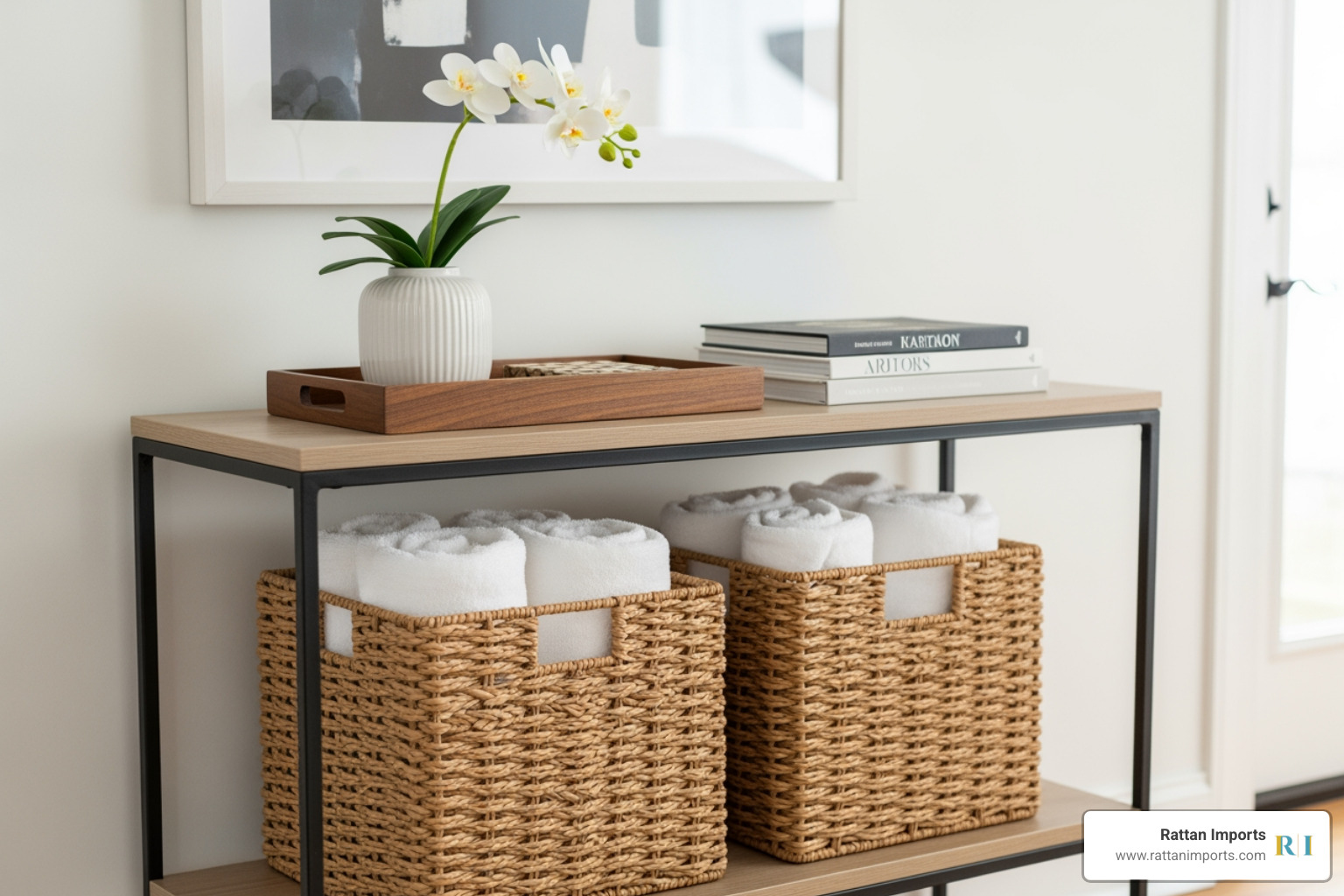 A hallway console table with neatly organized wicker baskets on the bottom shelf and a decorative tray on top - Hallway console table A hallway console table with neatly organized wicker baskets on the bottom shelf and a decorative tray on top - Hallway console table