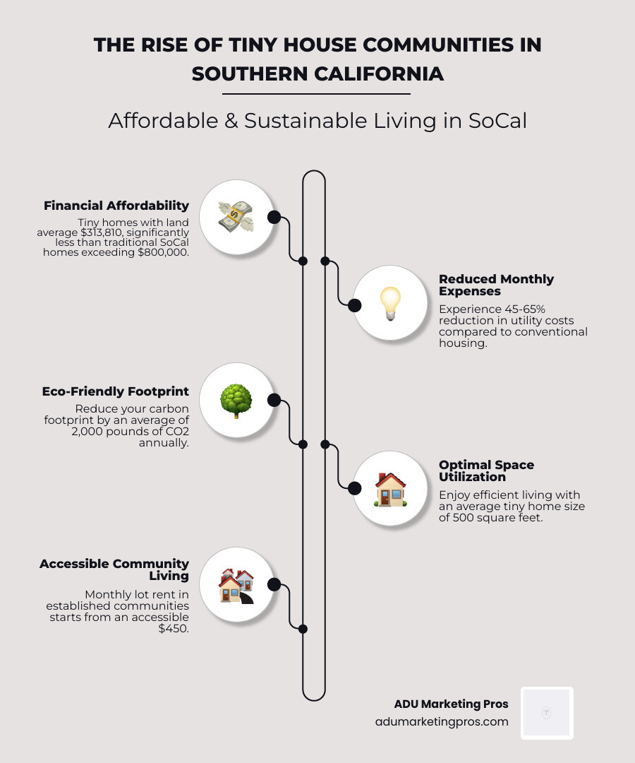 Infographic showing the growth of tiny house communities in Southern California, comparing average costs of $313,810 for tiny homes with land versus traditional SoCal home prices exceeding $800,000, highlighting key benefits including 500 square foot average size, reduced utility costs of 45-65 percent, lower carbon footprint with 2,000 pounds less CO2 annually, and monthly lot rent starting at $450 in established communities - tiny house community southern california infographic infographic-line-5-steps-elegant_beige Infographic showing the growth of tiny house communities in Southern California, comparing average costs of $313,810 for tiny homes with land versus traditional SoCal home prices exceeding $800,000, highlighting key benefits including 500 square foot average size, reduced utility costs of 45-65 percent, lower carbon footprint with 2,000 pounds less CO2 annually, and monthly lot rent starting at $450 in established communities - tiny house community southern california infographic infographic-line-5-steps-elegant_beige