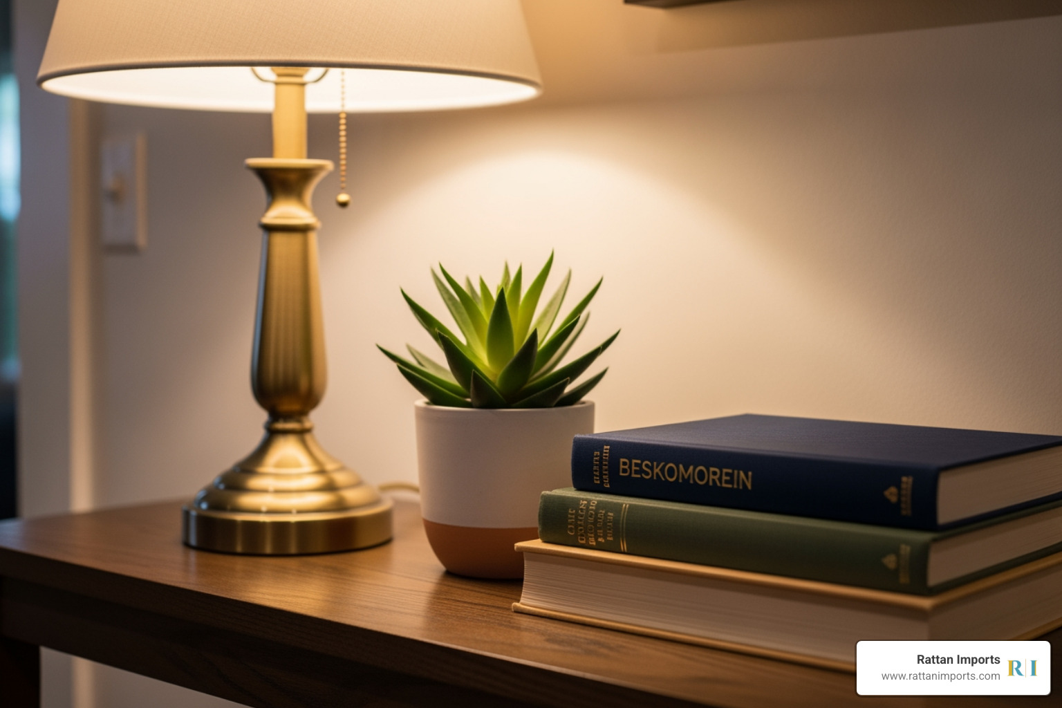A close-up vignette on a console table featuring a lamp, a small plant, and a stack of books - Hallway console table A close-up vignette on a console table featuring a lamp, a small plant, and a stack of books - Hallway console table