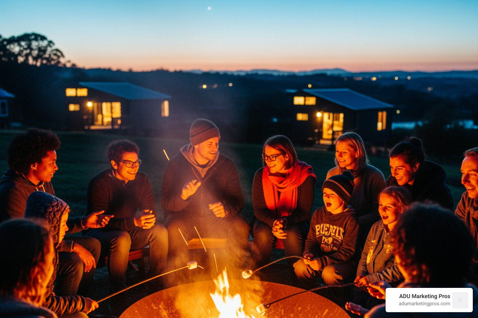 diverse group of people laughing and talking around a communal fire pit in a tiny house village at dusk - tiny house community southern california diverse group of people laughing and talking around a communal fire pit in a tiny house village at dusk - tiny house community southern california
