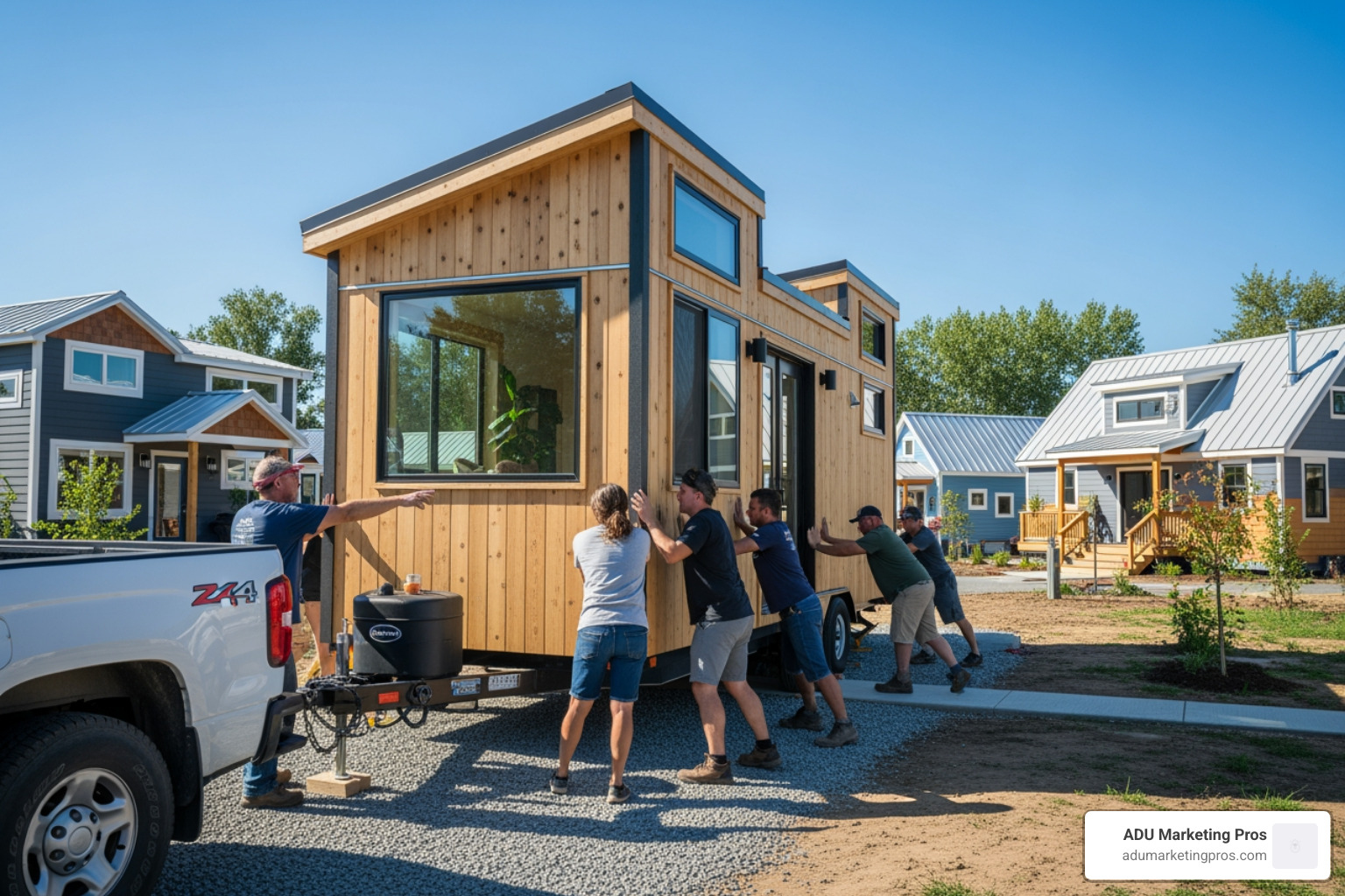 tiny house on wheels being carefully positioned onto a lot in a community, with people helping guide it - tiny house community southern california tiny house on wheels being carefully positioned onto a lot in a community, with people helping guide it - tiny house community southern california