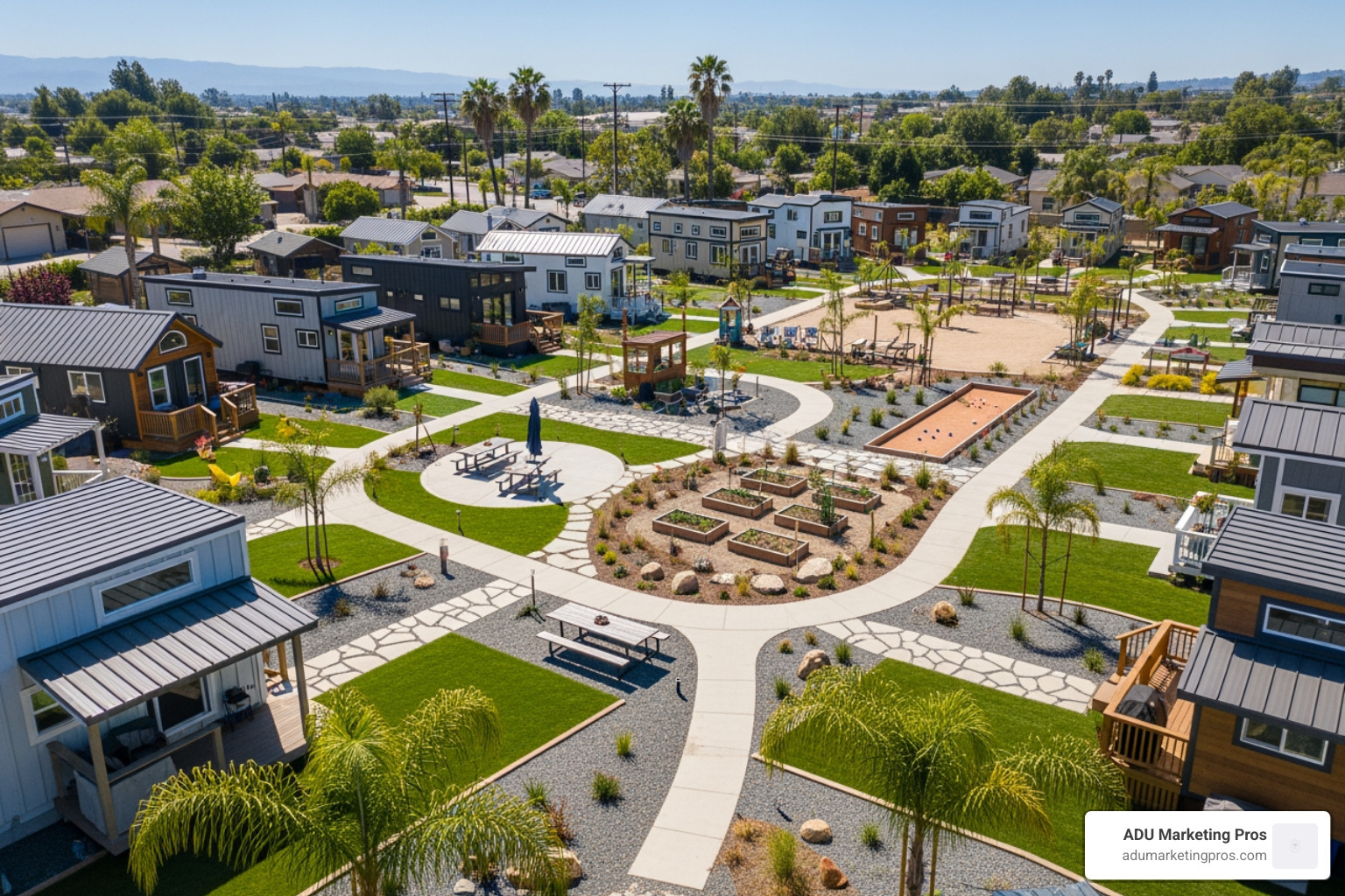 aerial view showing a variety of tiny homes neatly arranged in a community with green spaces and pathways - tiny house community southern california aerial view showing a variety of tiny homes neatly arranged in a community with green spaces and pathways - tiny house community southern california
