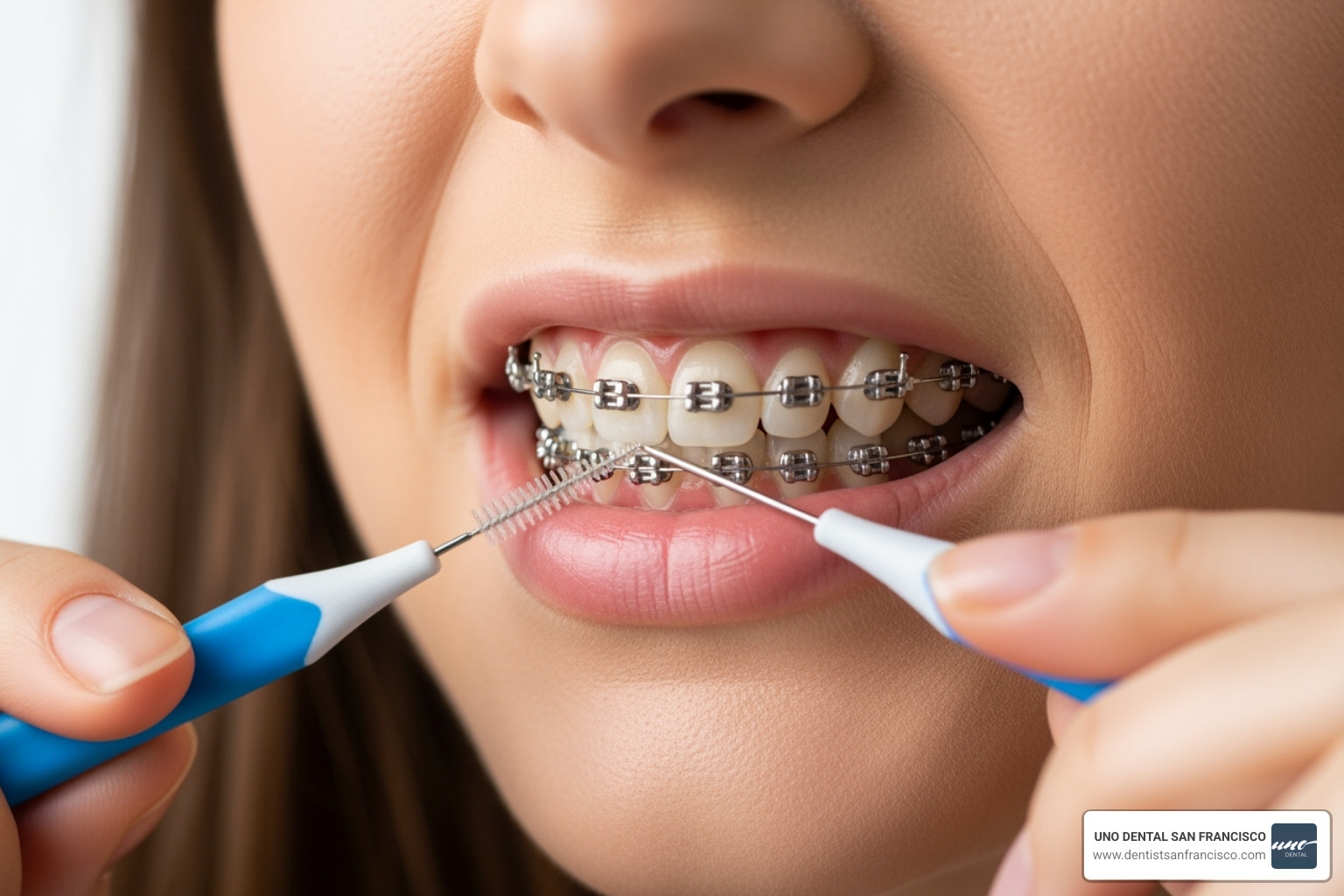 person with braces using an interdental brush - brushing teeth person with braces using an interdental brush - brushing teeth