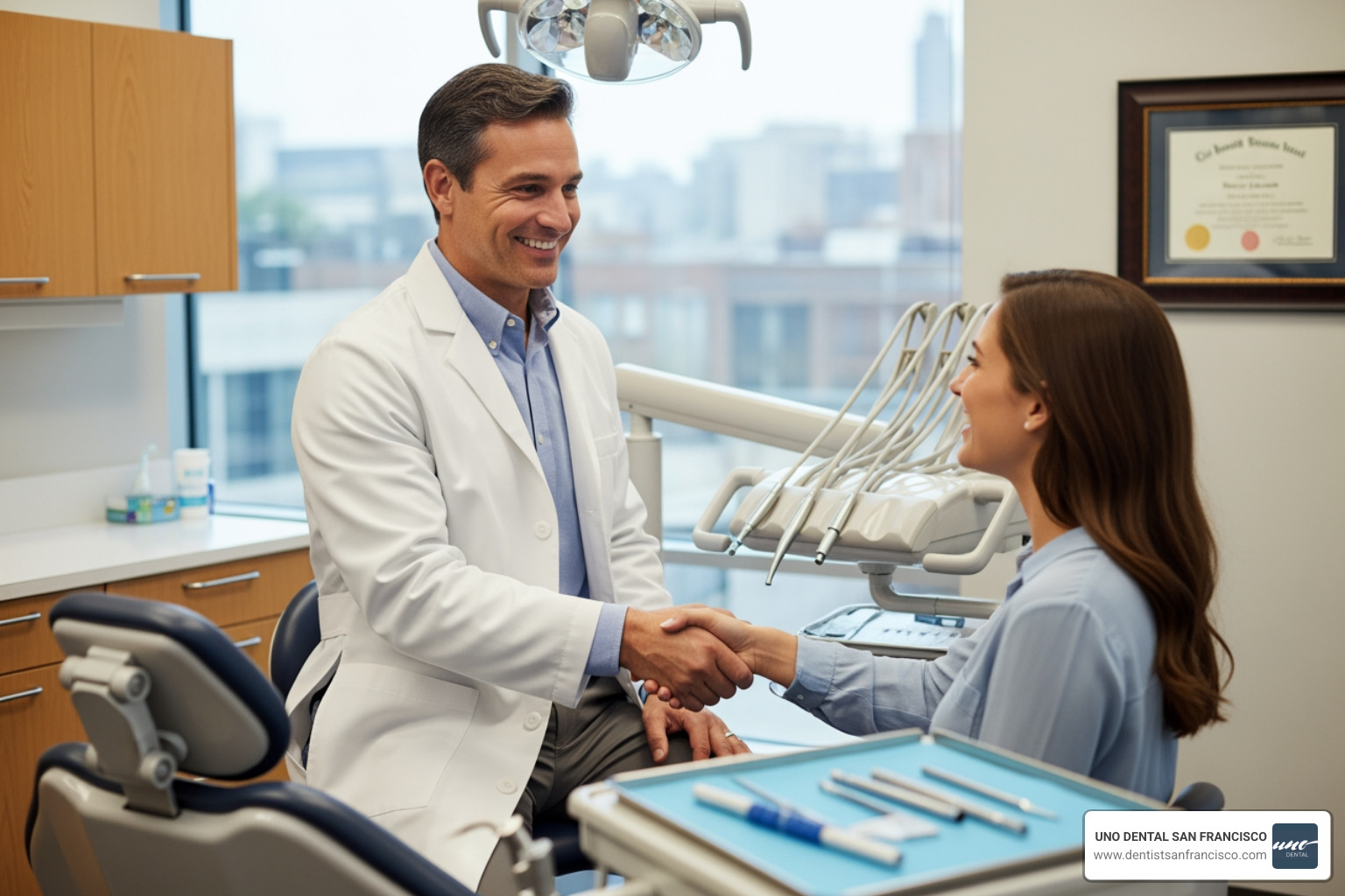 Image of a dentist and patient smiling and shaking hands - dental services san francisco Image of a dentist and patient smiling and shaking hands - dental services san francisco