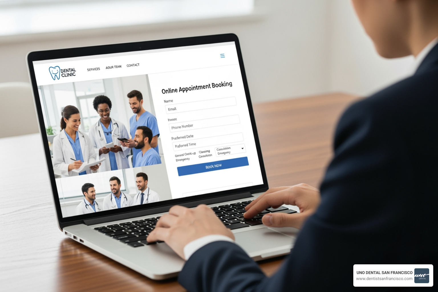 Image of a person using a laptop to browse a dental website - dental services san francisco Image of a person using a laptop to browse a dental website - dental services san francisco